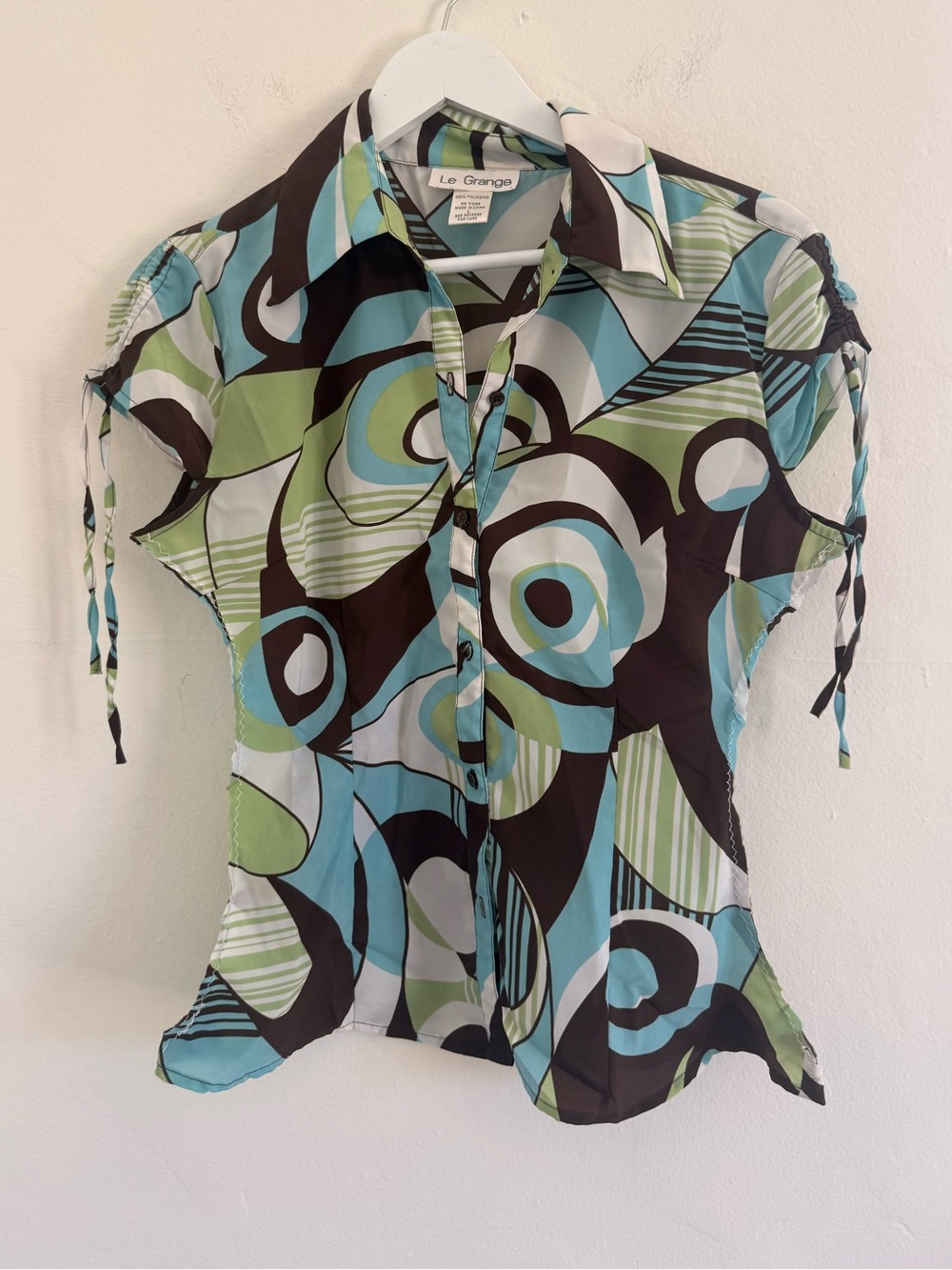 Le Grange Retro Geo Print Button-Up Blouse in Aqua, Green & Black